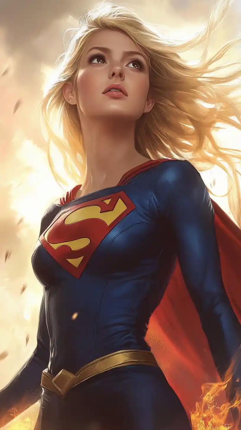 Supergirl confiante caminhando com poderosa presença heroica