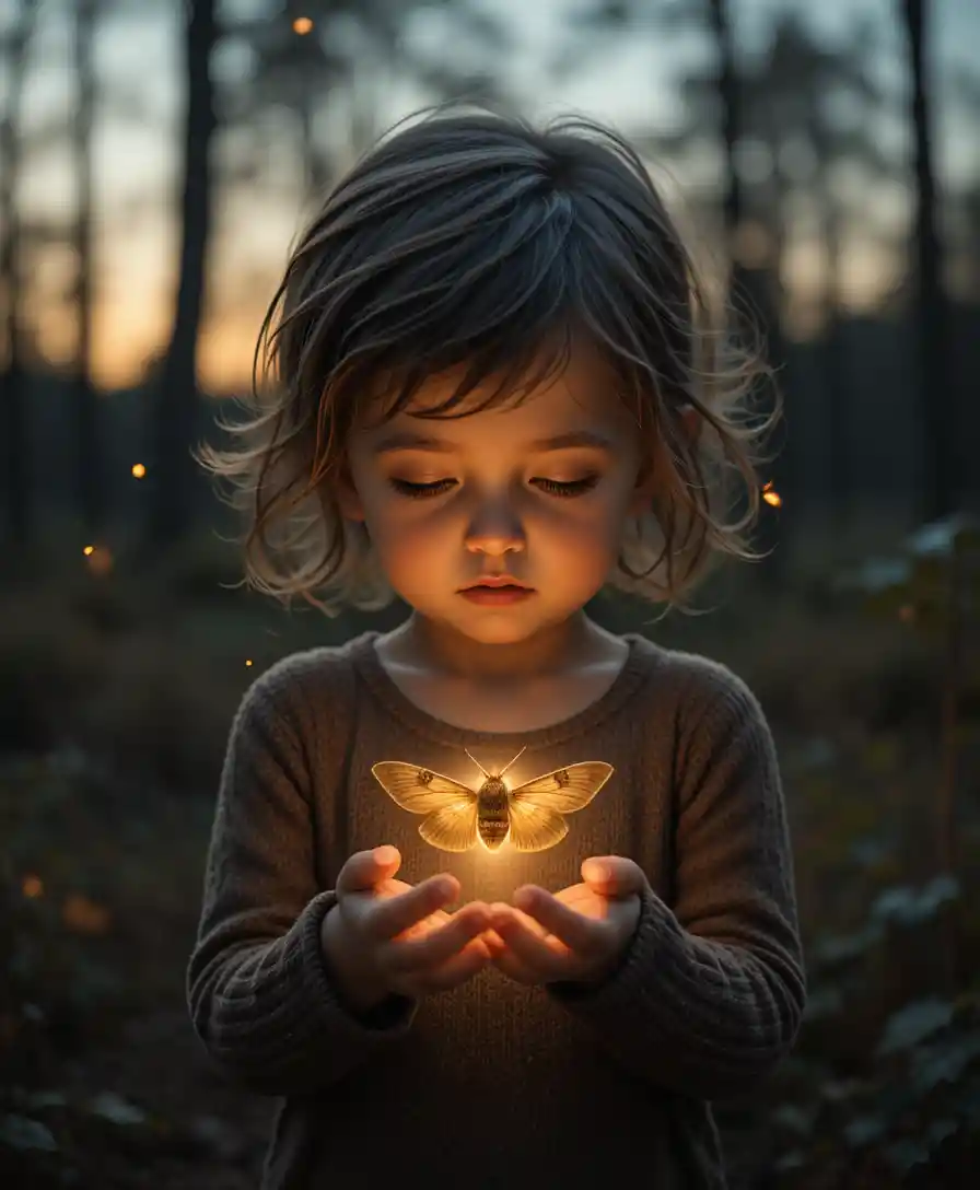 Enfant tenant un papillon de nuit lumineux dans une forêt au crépuscule