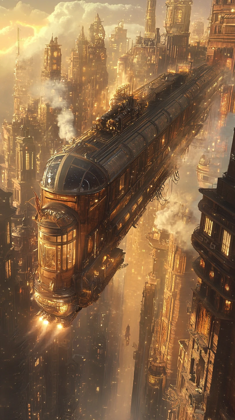 Steampunk airship overlooking a glowing victorian metropolis