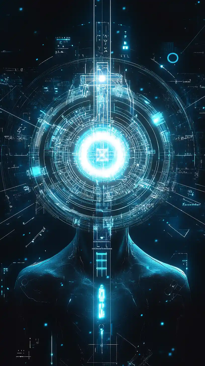 Kemetischer Sci-Fi-AI-Kern mit holografischer Benutzeroberfläche