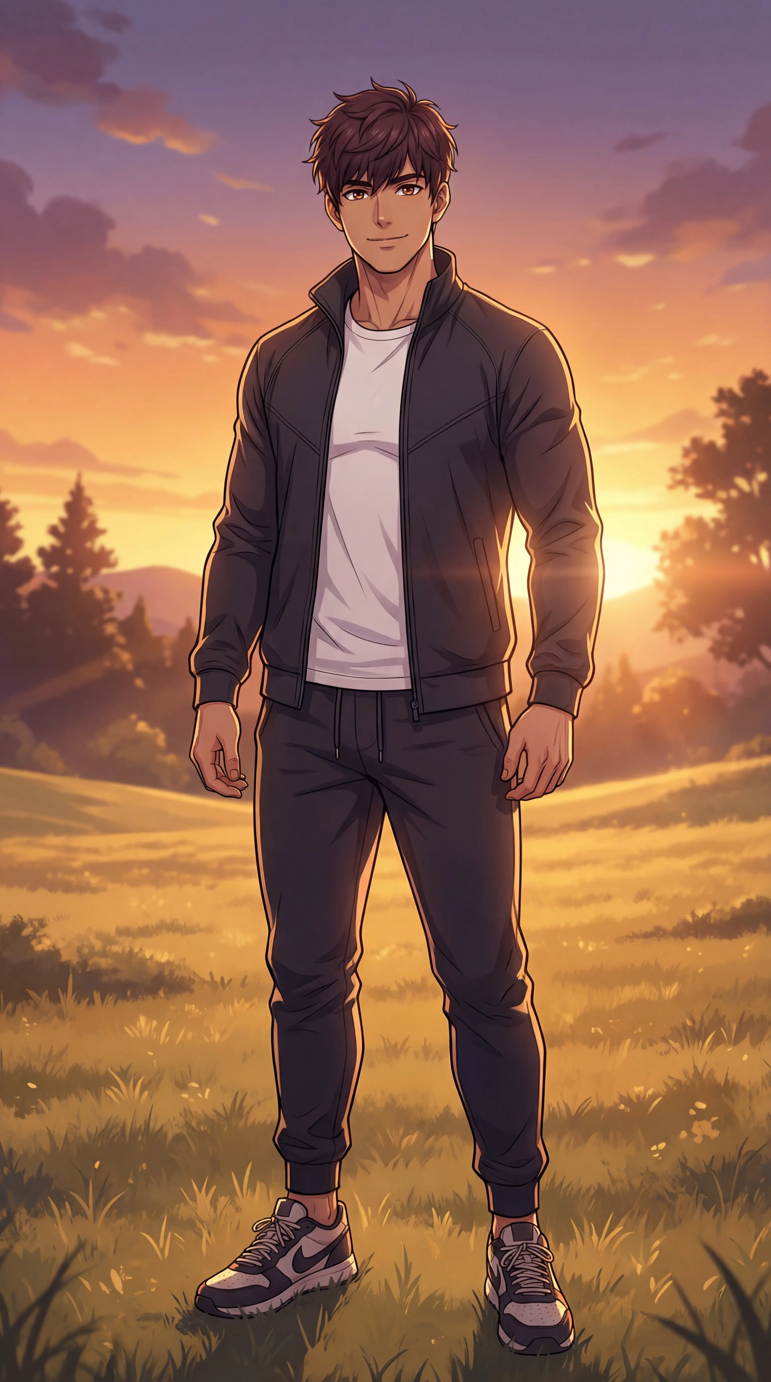 Jovem confiante em estilo anime ao pôr do sol dourado
