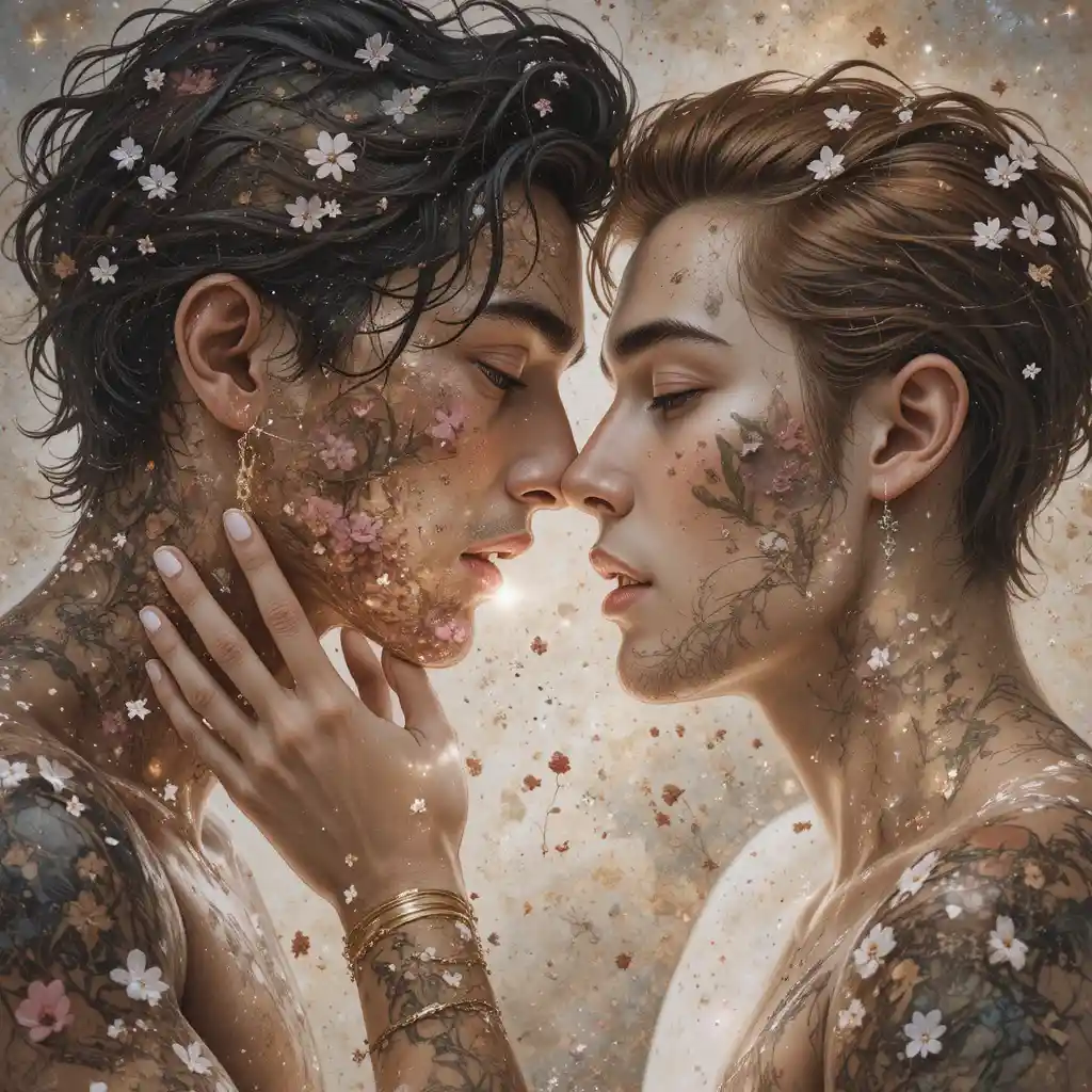 Two men sharing a tender kiss in a cosmic nebula