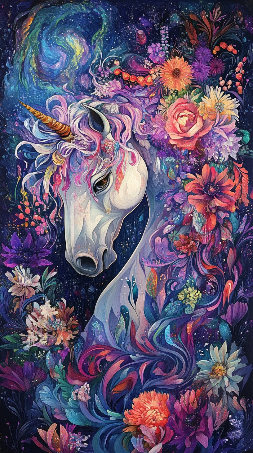 Mystical horse rising from a lush floral fantasy landscape