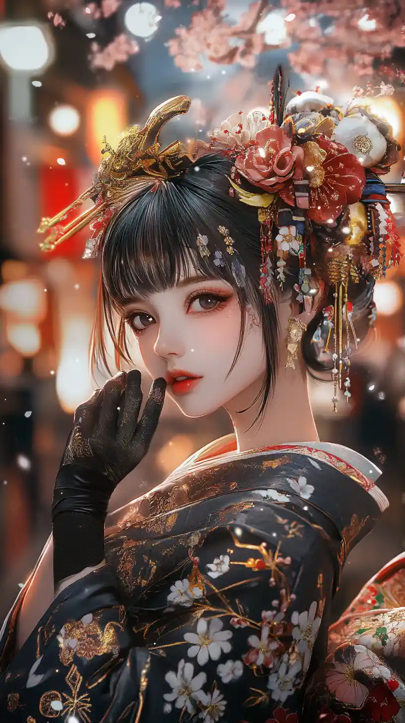 Heroína de anime con kimono floral en una calle japonesa de neón