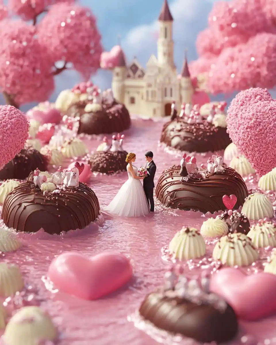 Mondo di Nozze in Miniatura su Cioccolatini a Forma di Cuore
