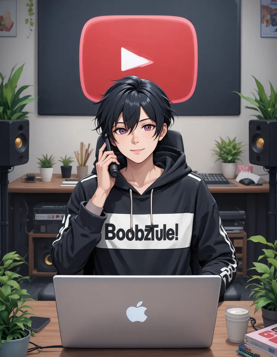 Anime-Junge streamt an einem Computertisch mit Mikrofon