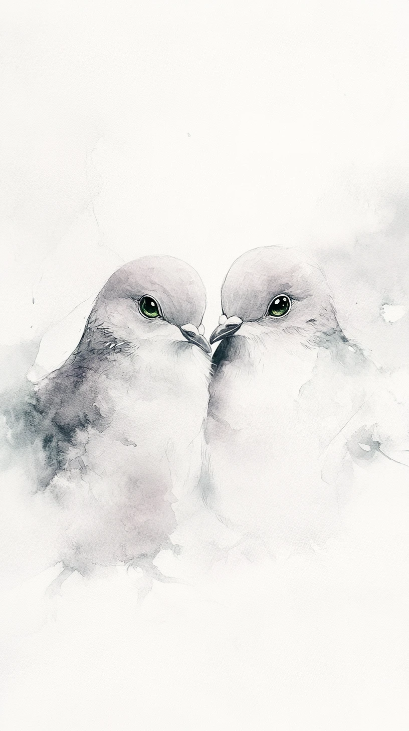 Traumhafte Aquarelltauben mit leuchtend grünen Augen auf Weiß