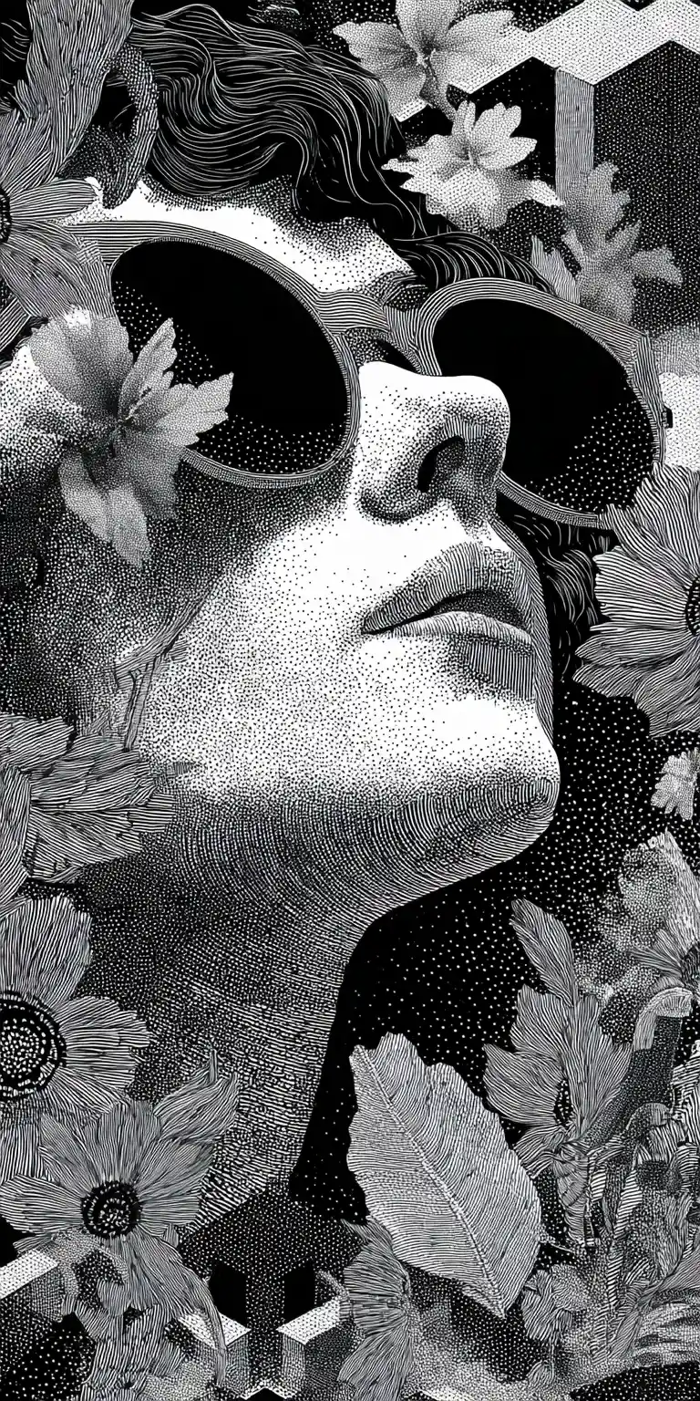 Surreal monochrome portrait of a woman with flowers and sunglasses
