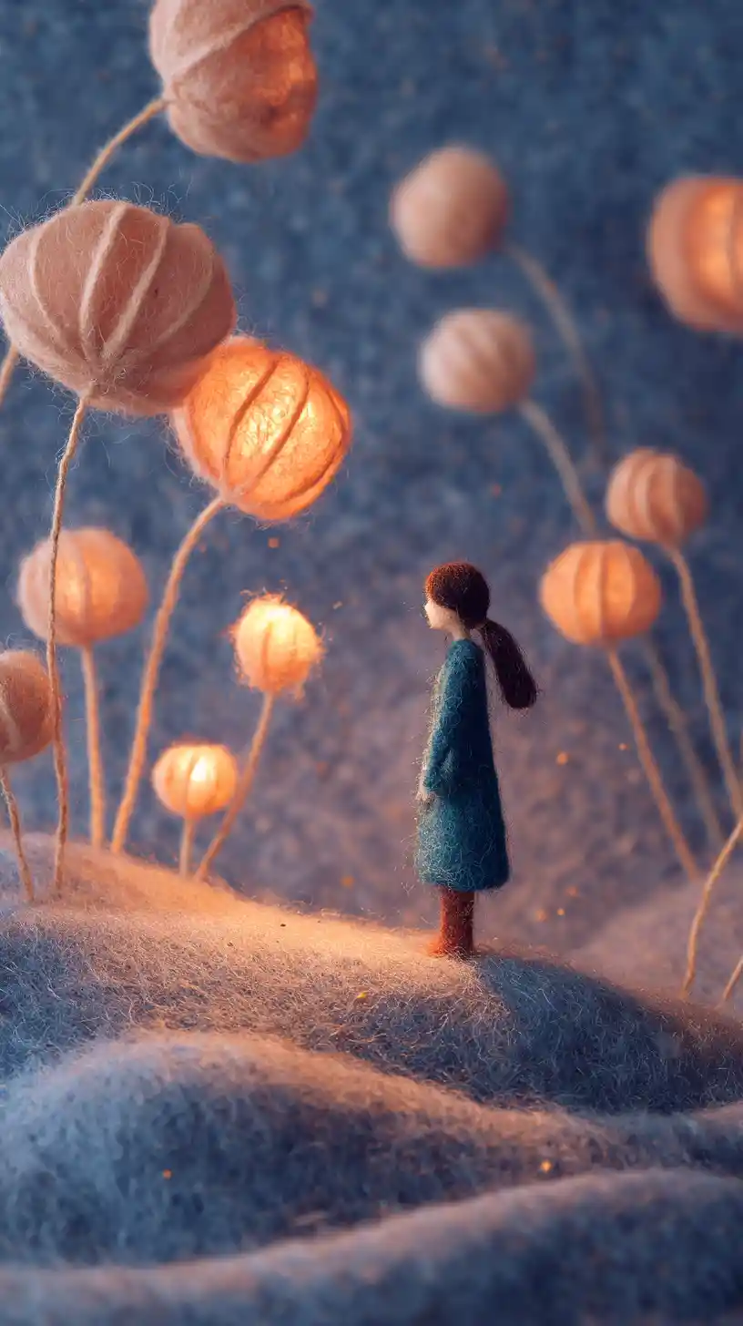 Anthropomorphic woolen figure with cosmic surreal atmosphere