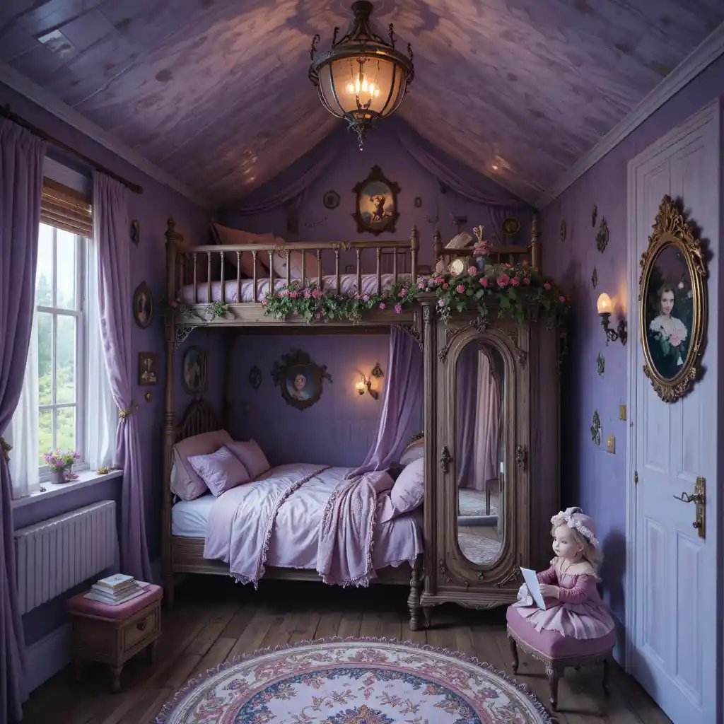Accogliente camera da letto viola con letto soppalcato e anta dell’armadio a specchio