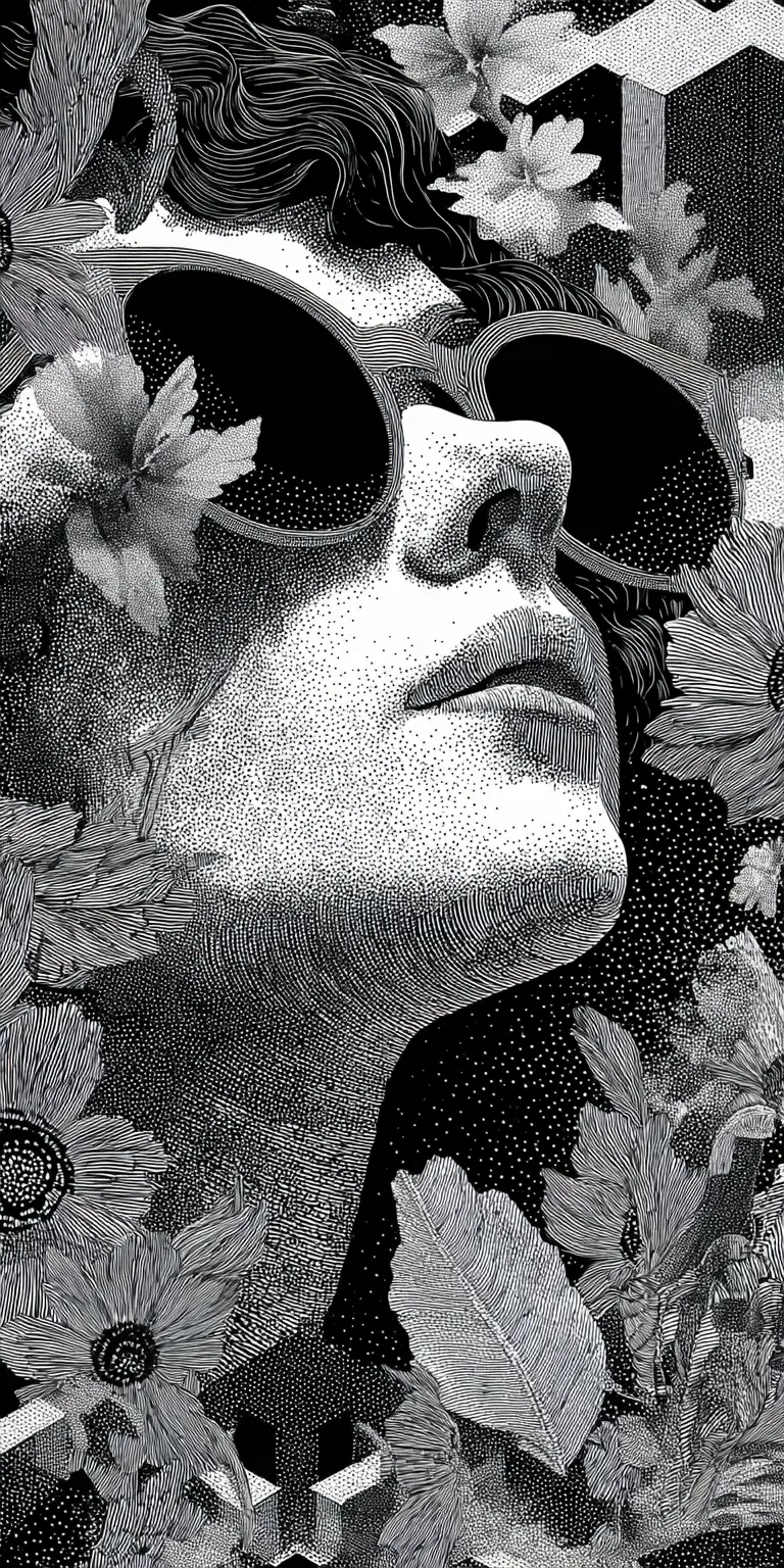 Surrealistisches monochromes Porträt einer Frau mit Blumen und Sonnenbrille
