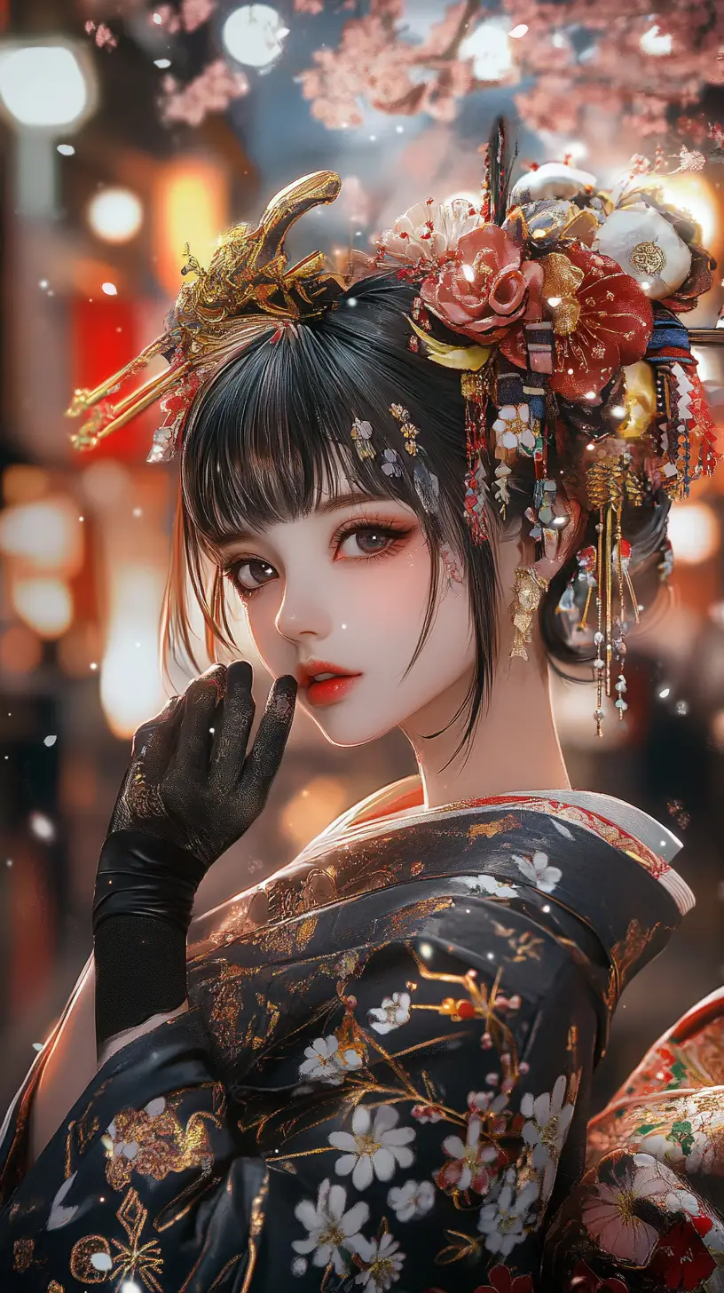 Héroïne d’anime en kimono fleuri dans une rue japonaise néon