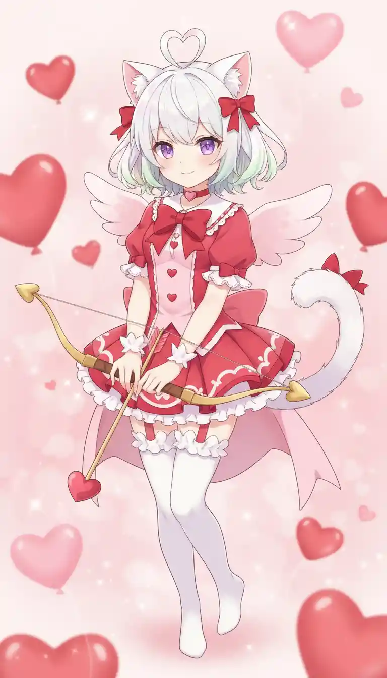 Ragazza cupido in stile anime con capelli rosa e palloncini a forma di cuore
