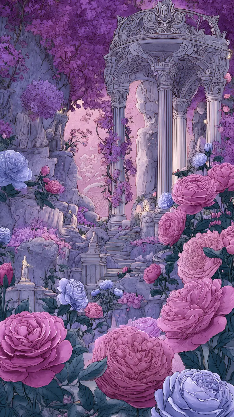 迷人玫瑰花園插畫與優雅石拱門