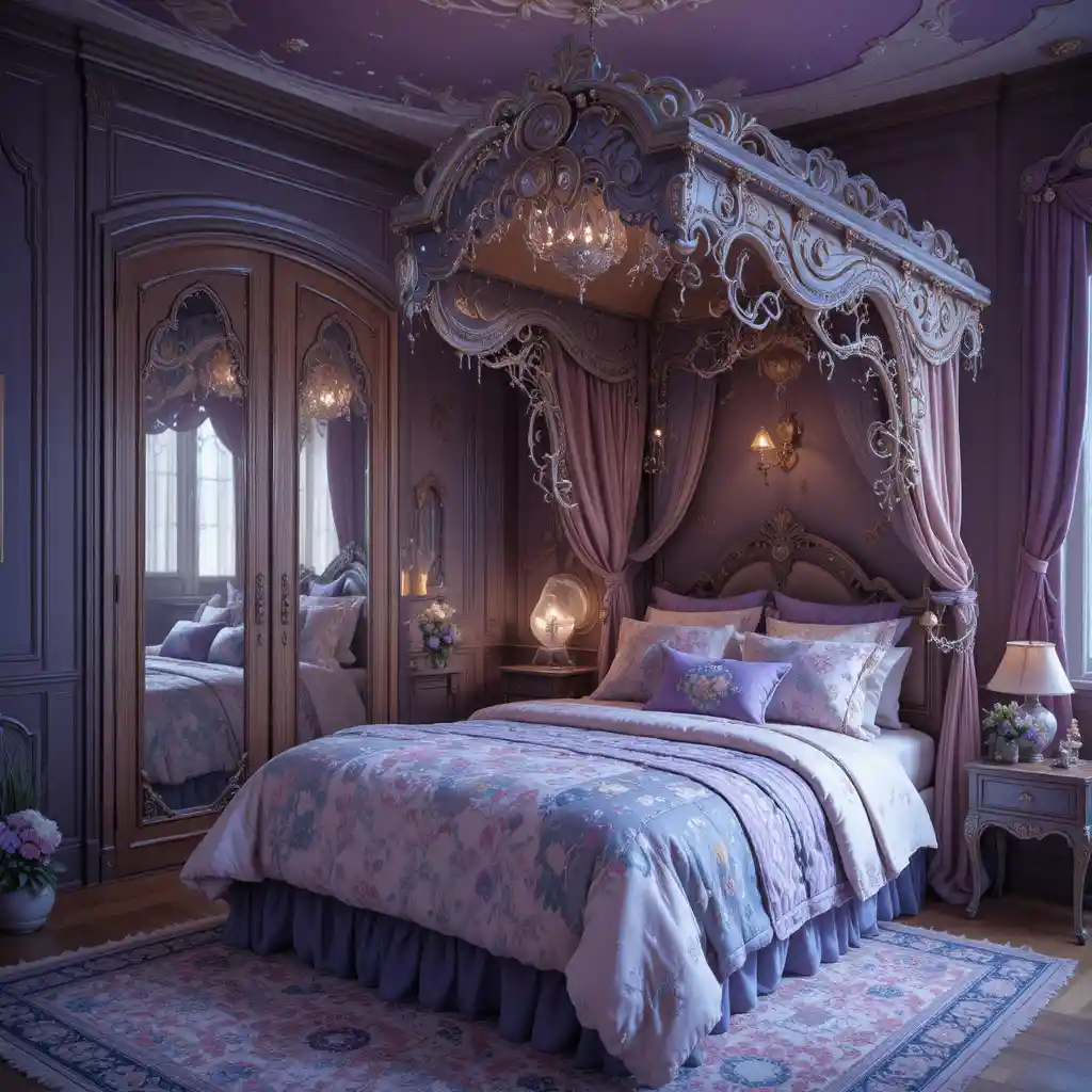 Whimsical fantasy bedroom with oversized loft bed and mirror