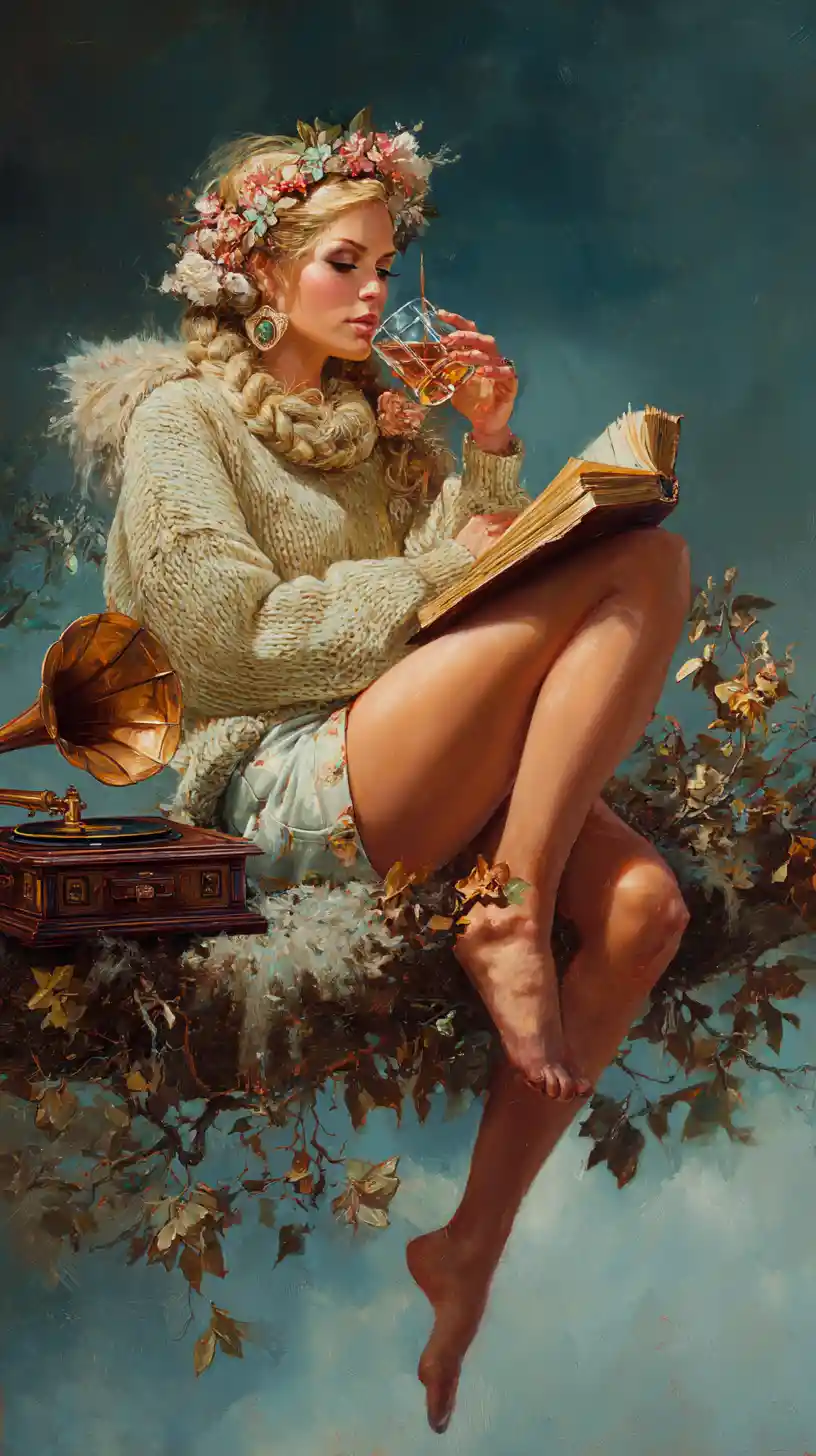 Young woman resting in a tree with book and gramophone