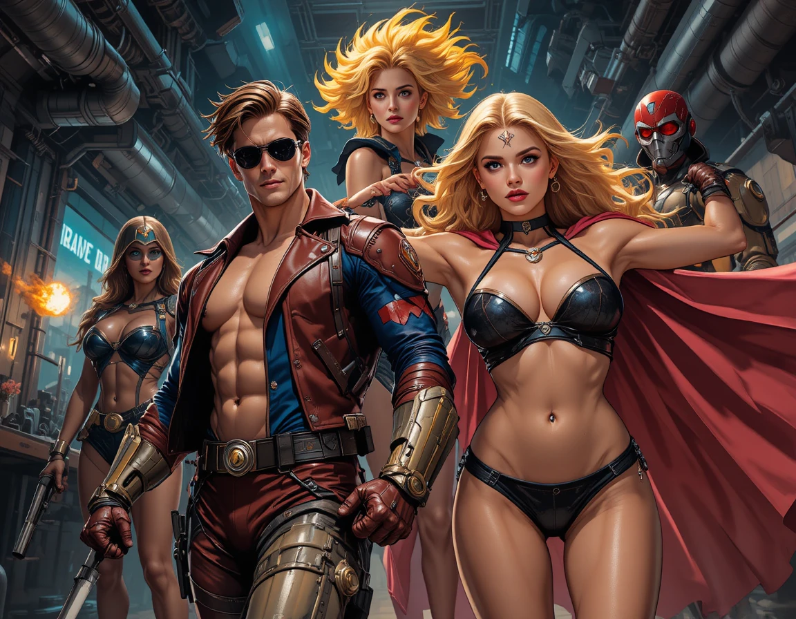 Equipe dinâmica de super-heróis em poses de ação poderosas