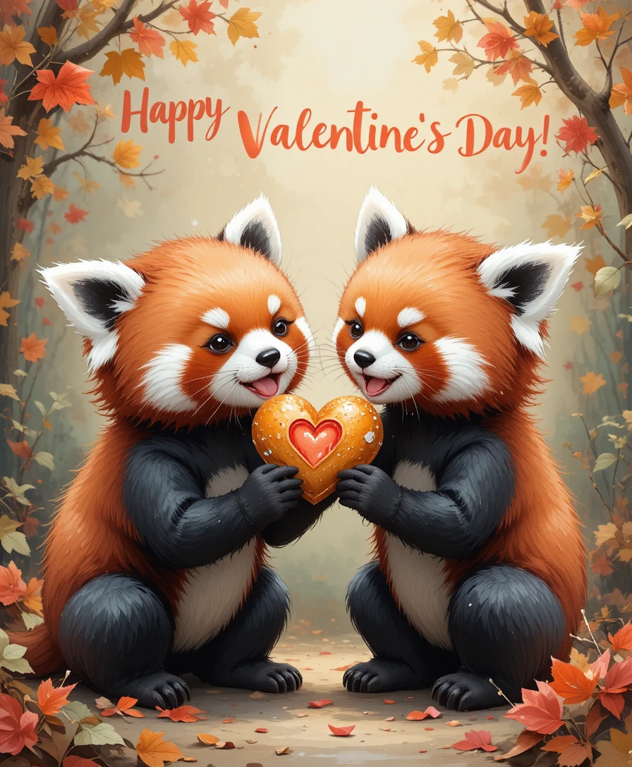 Two red pandas sharing a heart shaped pastry together