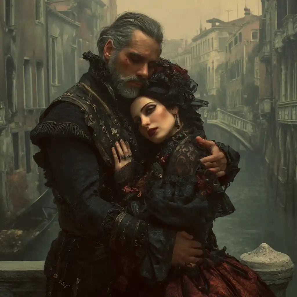 Melancholisches Vampirpärchen auf nebliger venezianischer Brücke