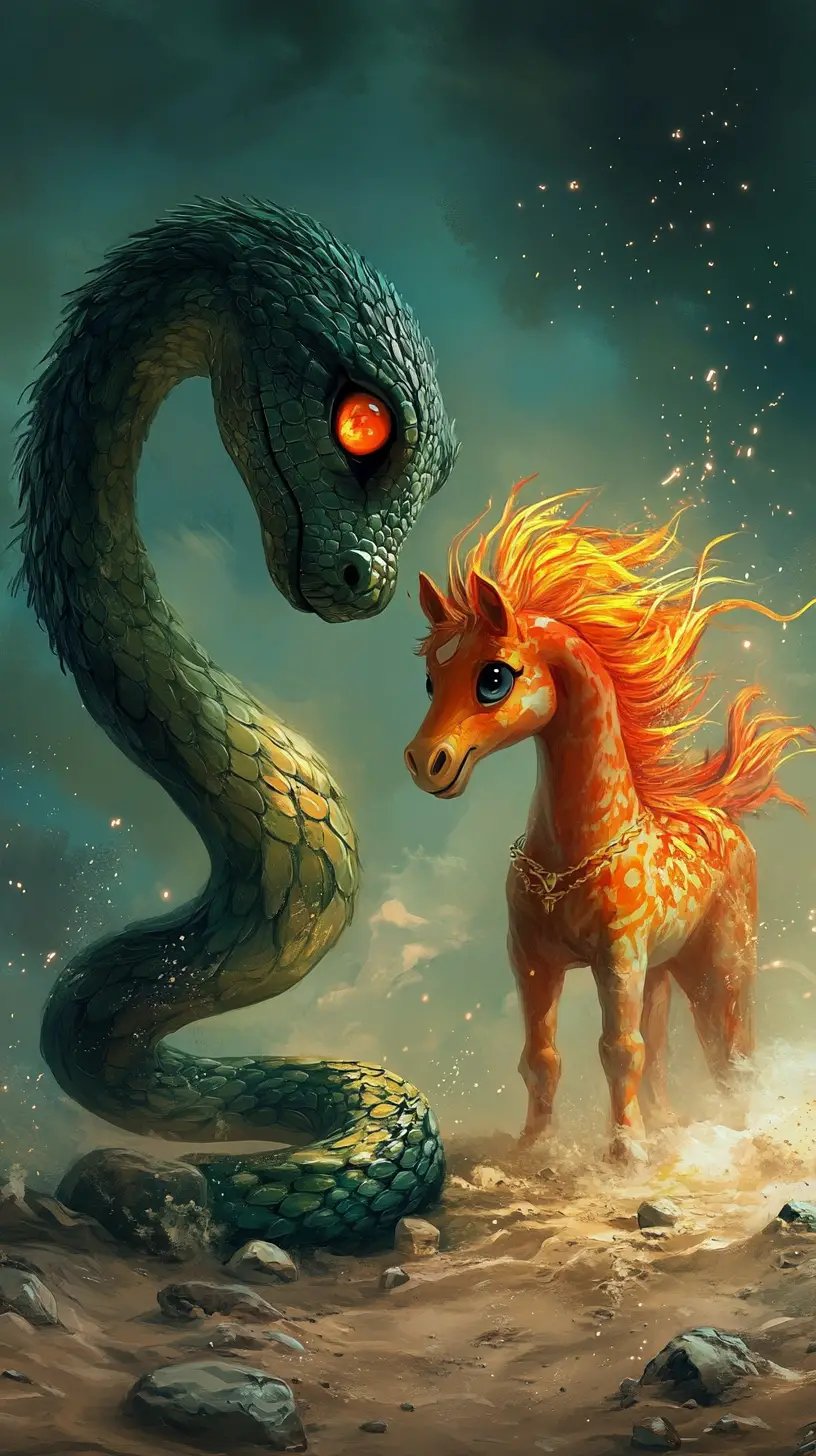 沙地星座場景中的卡通蛇與火焰駿馬