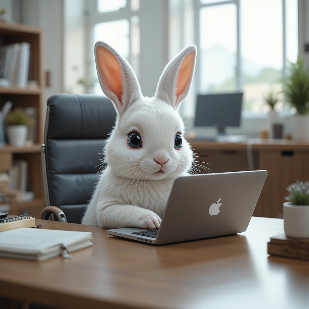 Coelhinho branco fofo digitando em um laptop no escritório