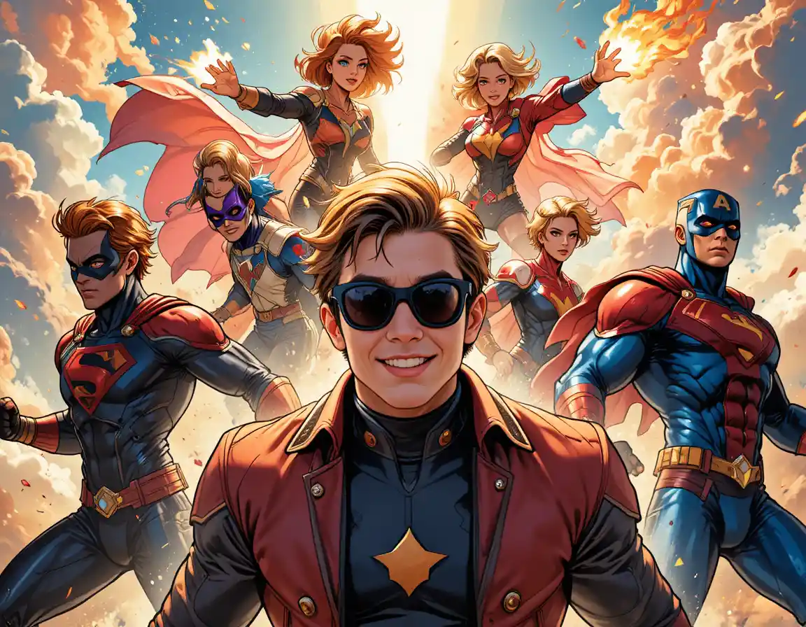 Equipo dinámico de superhéroes coloridos en un cielo dramático