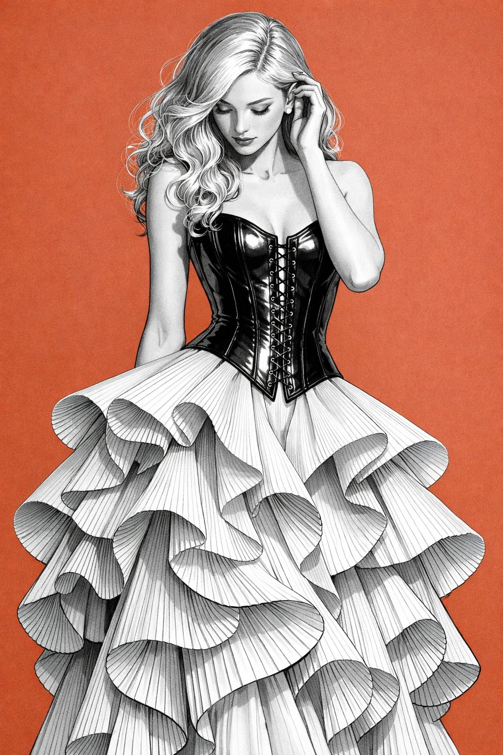Mulher elegante em espartilho escultural e saia plissada