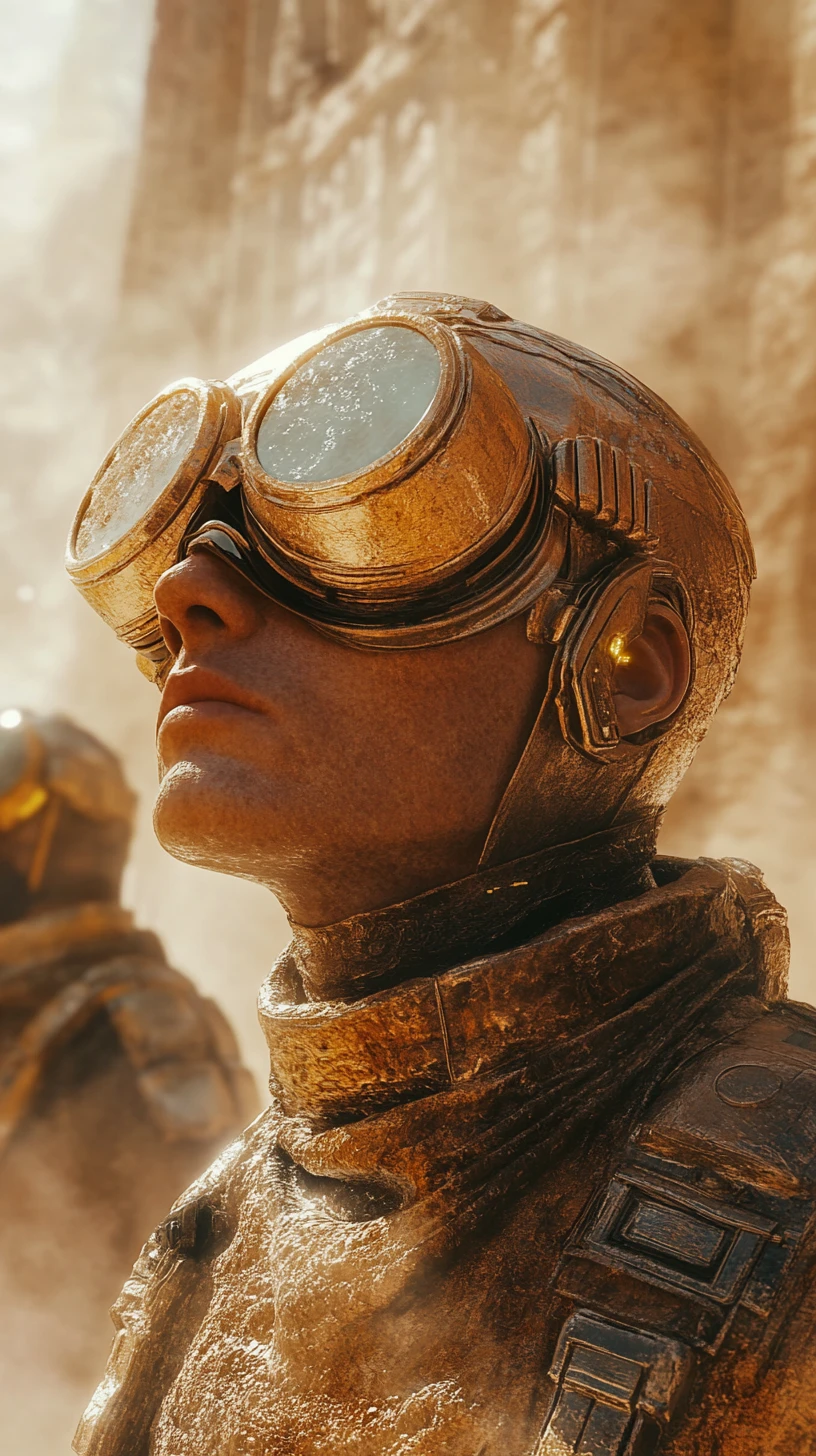 Viajante futurista do deserto em uma cidade sci‑fi arruinada