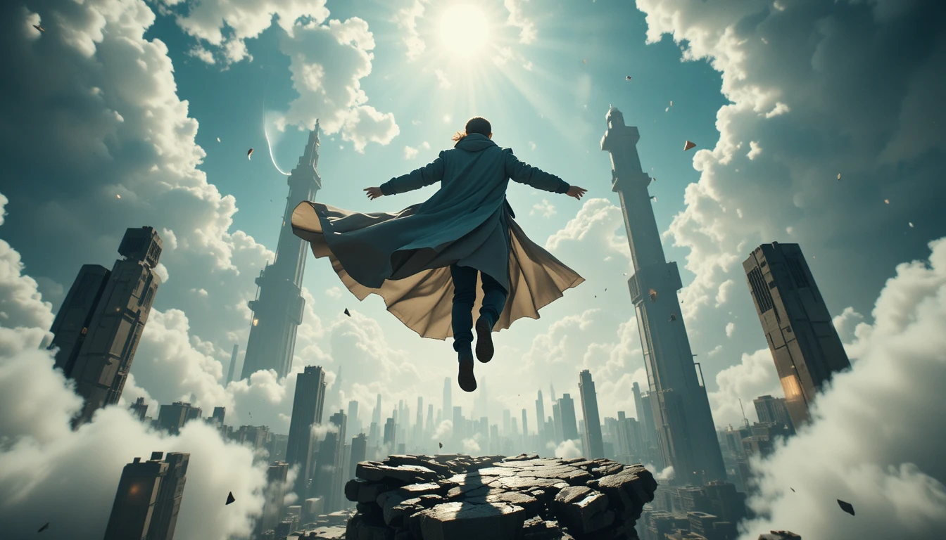 Heroic figure leaping between floating ruins in the sky