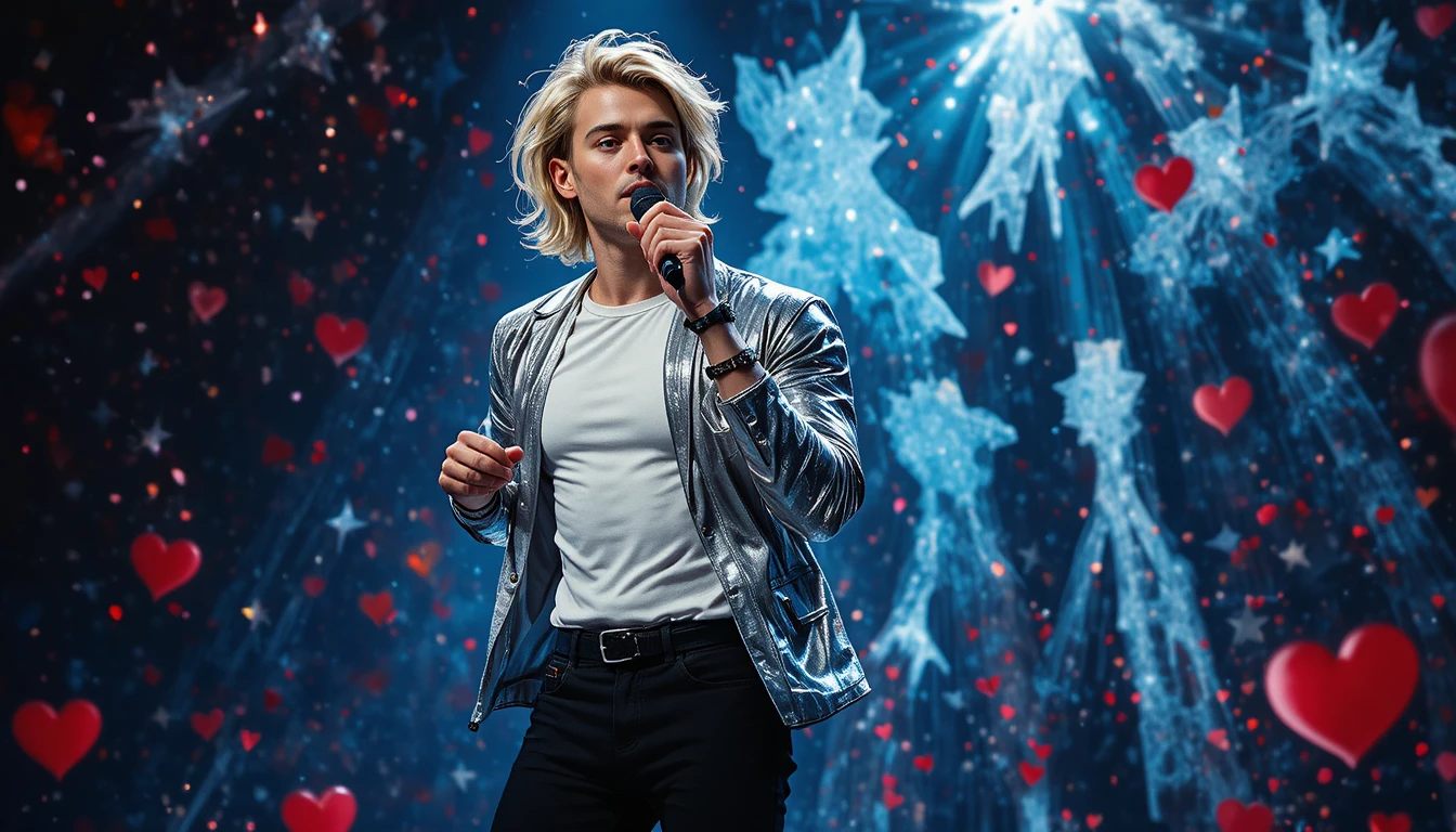 Joven cantante masculino actuando en el escenario con estrellas y corazones