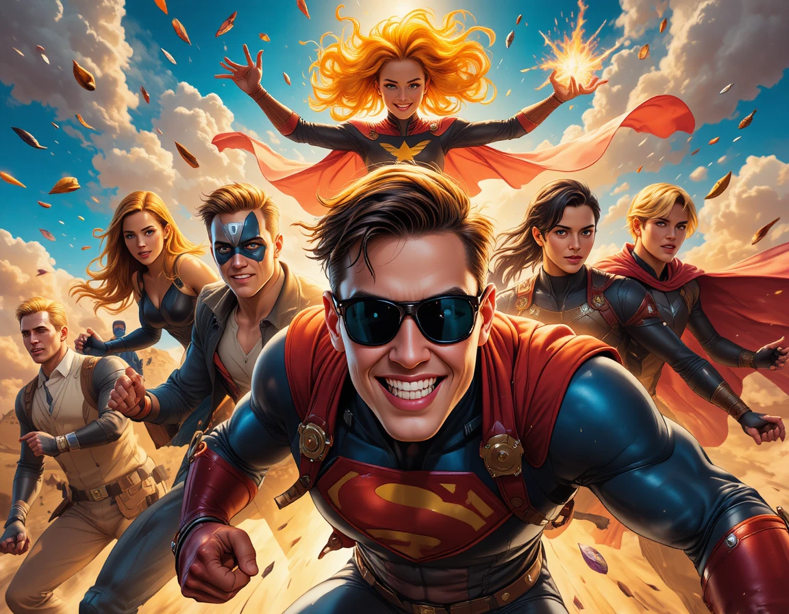 Squadra dinamica di supereroi colorati in azione drammatica