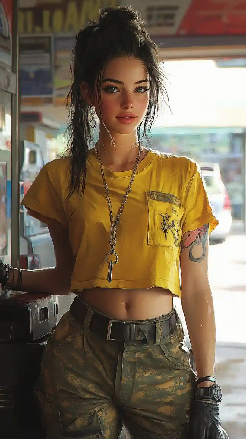 Off duty female soldier portrait at urban gas station