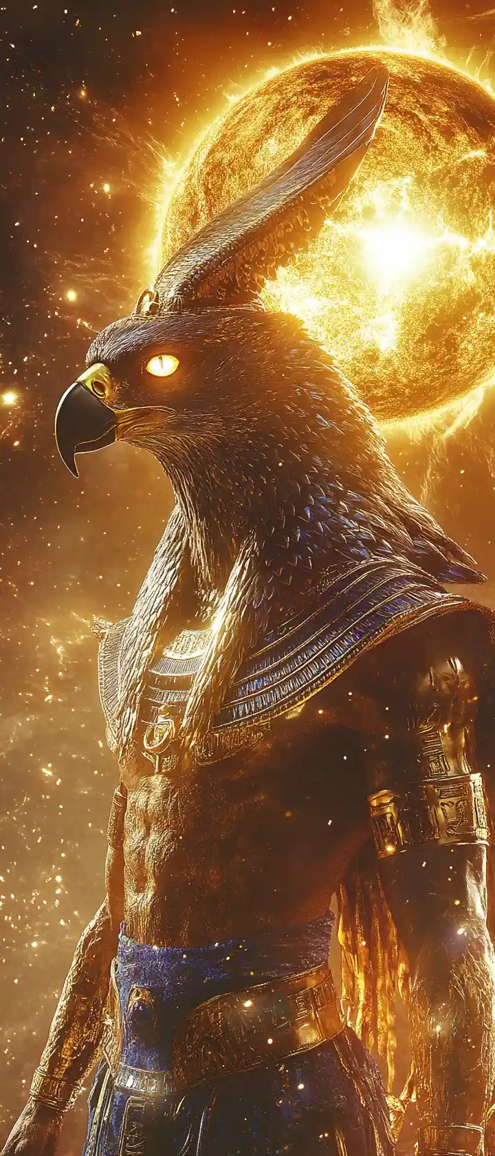 Cinematic Close Up Of Egyptian Sun God With Falcon Head