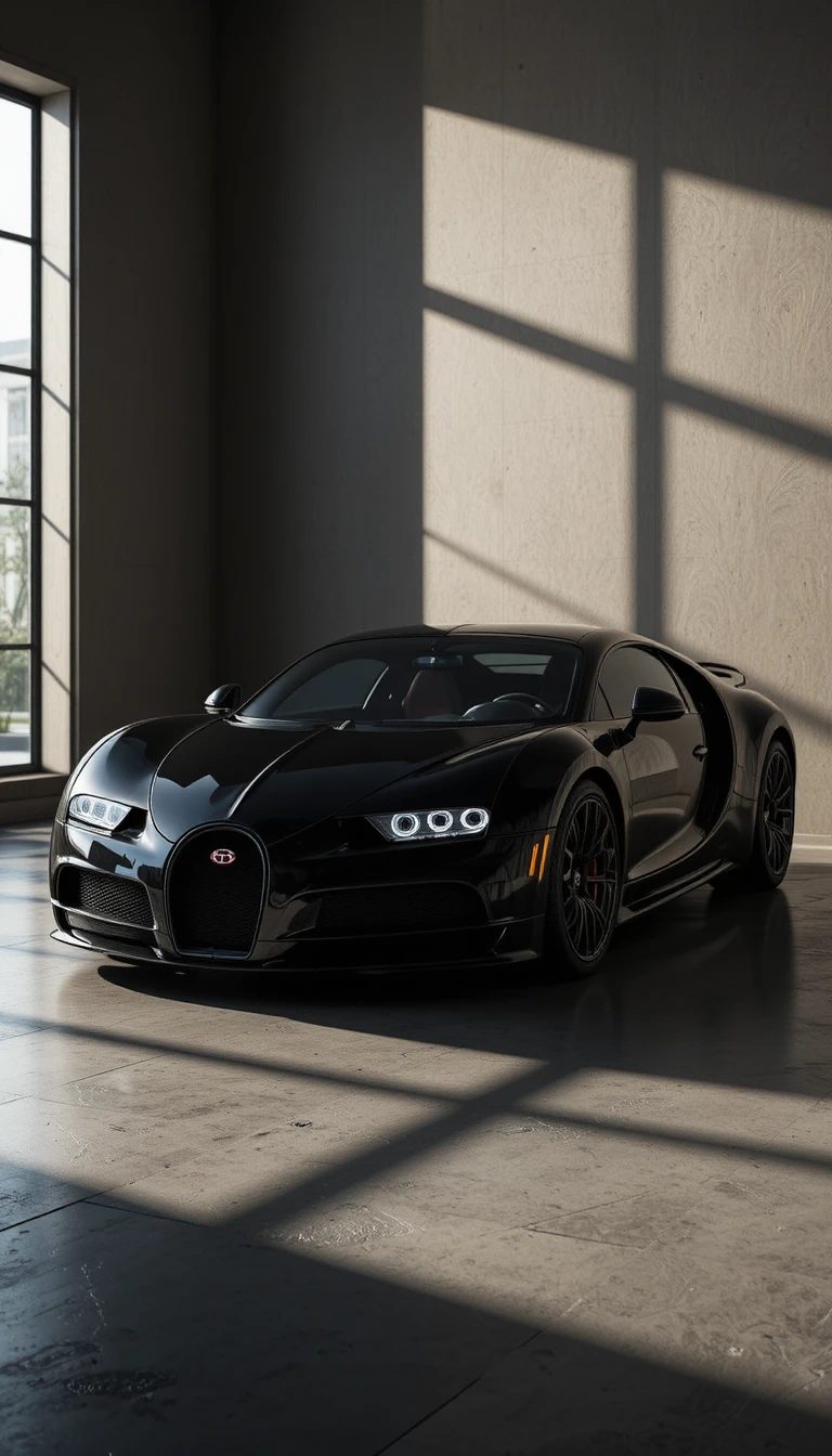 Supercarro preto em sala escura com sombras dramáticas
