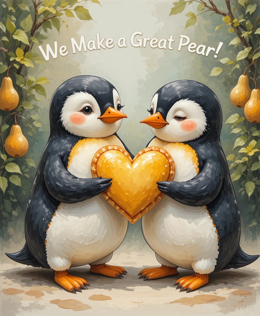 Due pinguini che condividono un dolce a forma di cuore con un fascino romantico e giocoso
