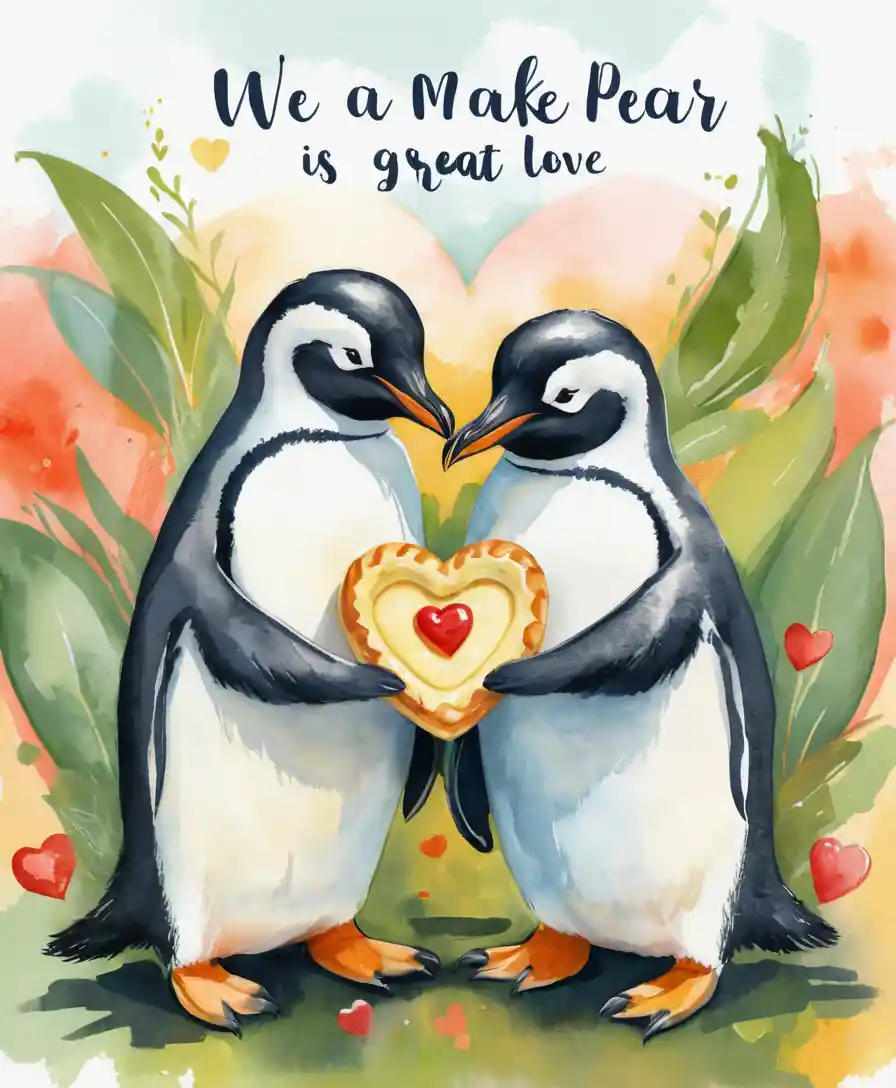 Due pinguini che condividono un dolce a forma di cuore in un caldo stile impressionista
