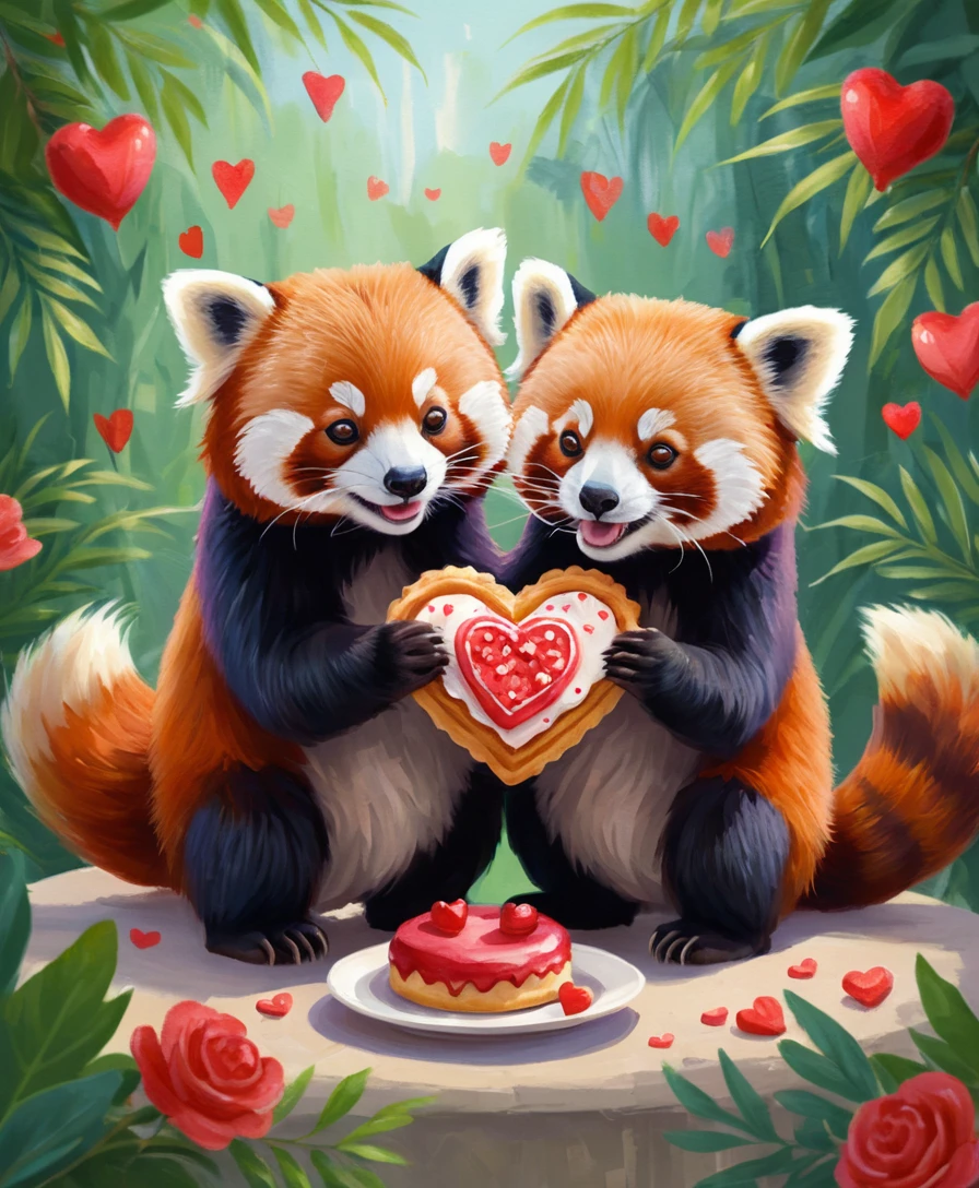 Dois pandas-vermelhos compartilhando um doce em forma de coração em tons quentes