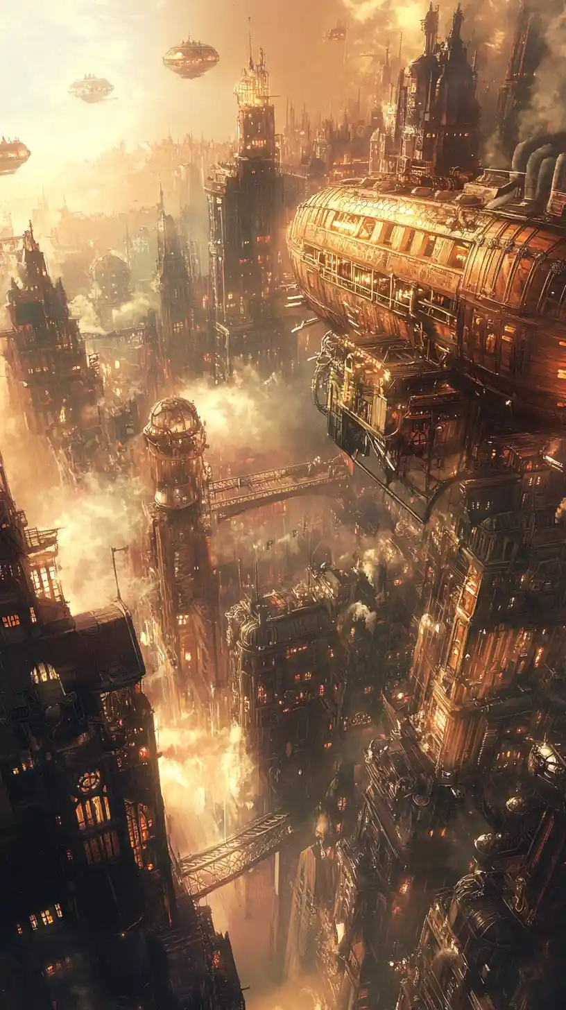 Steampunk-Luftschiff mit Blick auf eine leuchtende viktorianische Metropole