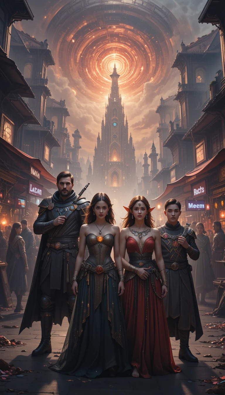 Grupo de aventureros en un caótico bazar cósmico de fantasía