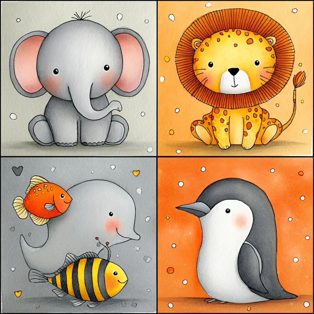白色背景上的可愛俏皮動物插畫方格圖
