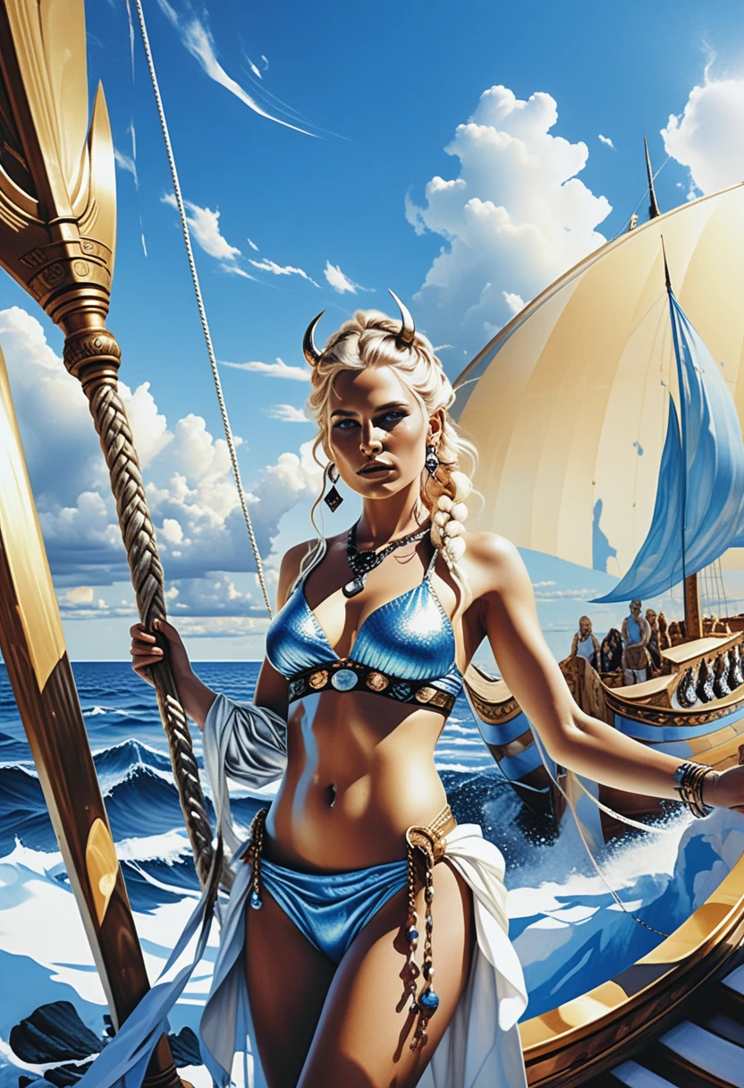 Déesse fantastique sur un navire viking en bikini éclatant