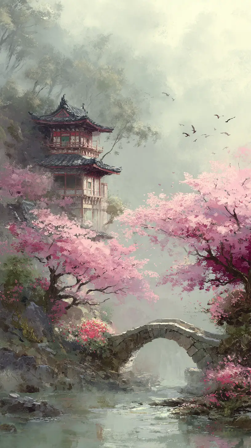 霧氣瀰漫小溪旁的櫻花環繞古老日本寺廟
