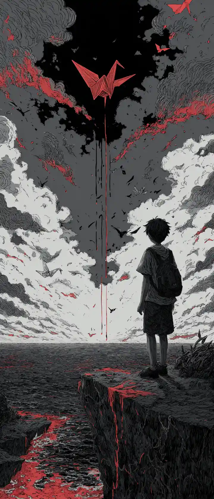 Teenage boy on a cliff releasing an origami crane
