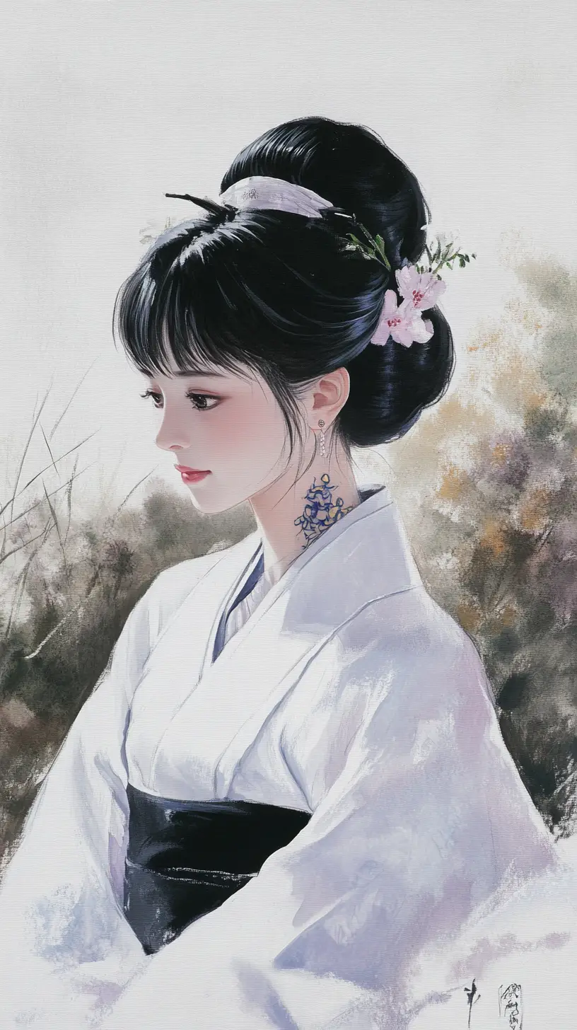 Gelassene japanische Frau im weißen Kimono mit Tätowierungen