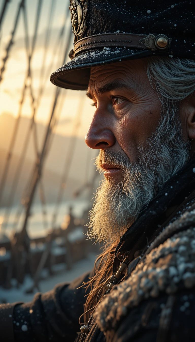Velho capitão de navio olhando para um pôr do sol luminoso sobre o oceano