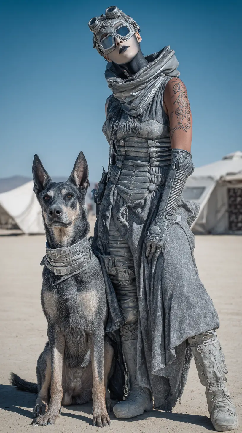 Mulher mascarada e cão cibernético em deserto pós-apocalíptico