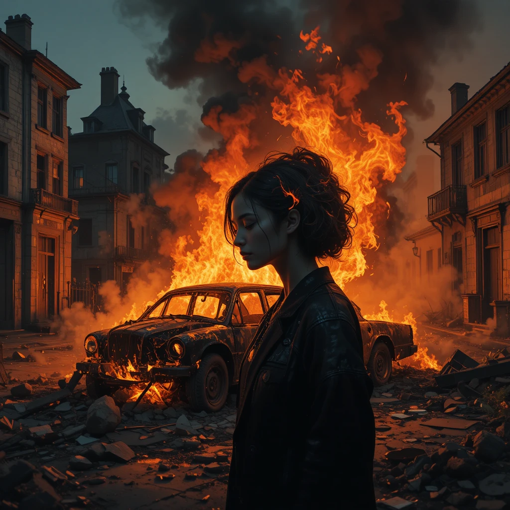 Figura di spalle davanti a un paesaggio urbano artistico in fiamme e in rovina