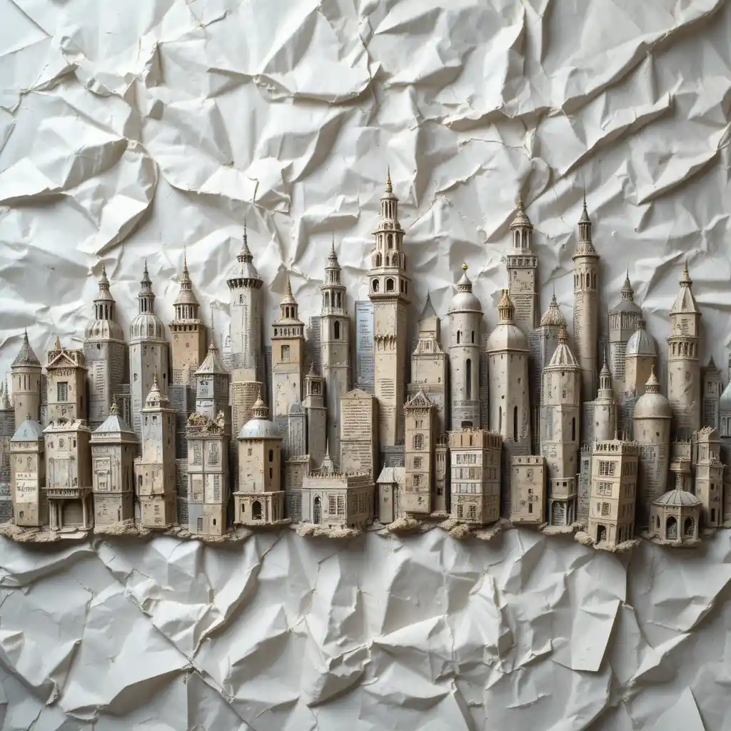 Atlantean cityscape built from crumpled newspaper forms