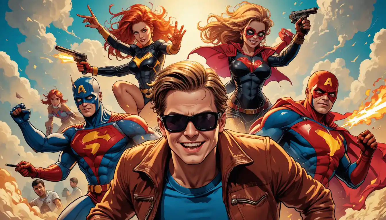 Grupo dinâmico de super-heróis em ação dramática de quadrinhos