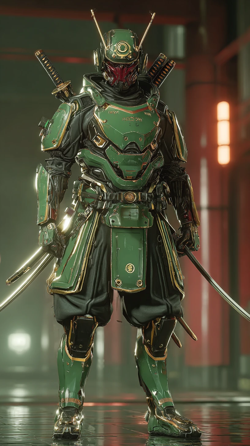 Guerrier samouraï afrofuturiste en armure verte et dorée brillante